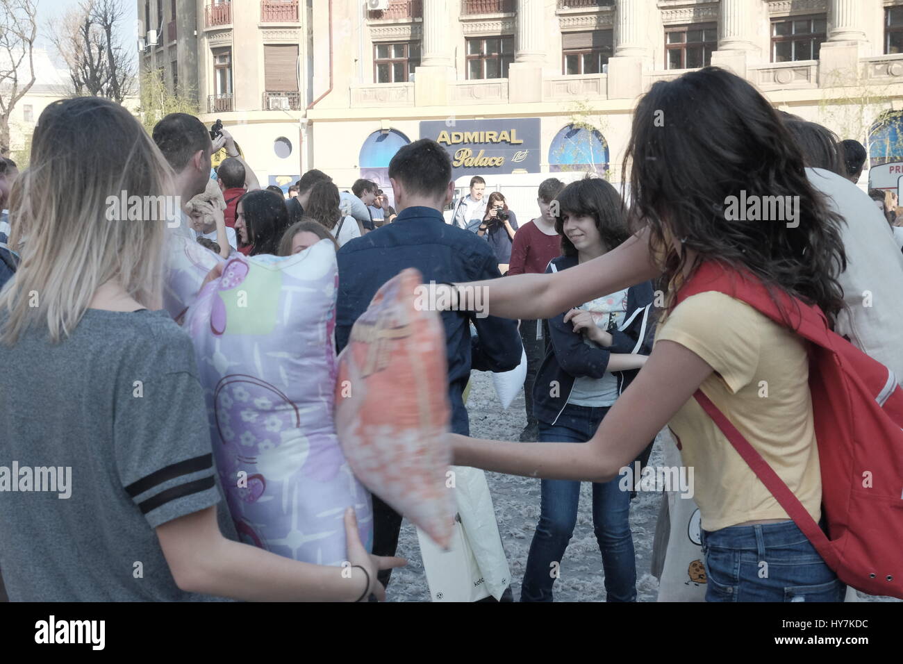 Bucharest, Romania. 01st Apr, 2017. International Pillow Fight Day 2017 in Bucharest, Romania. April 1st in cities around the World. Credit: Paul Hristea/Alamy Live News Stock Photo