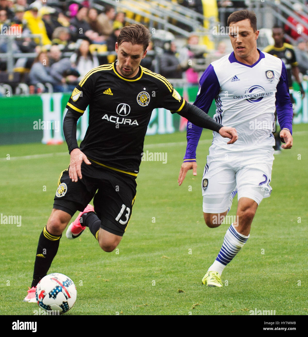 April 1, 2017: Columbus Crew SC midfielder Ethan Finlay (13)dribbles the ball against Orlando City in their match at Mapfre Stadium in Columbus, Ohio. Brent Clark/Alamy Stock Photo