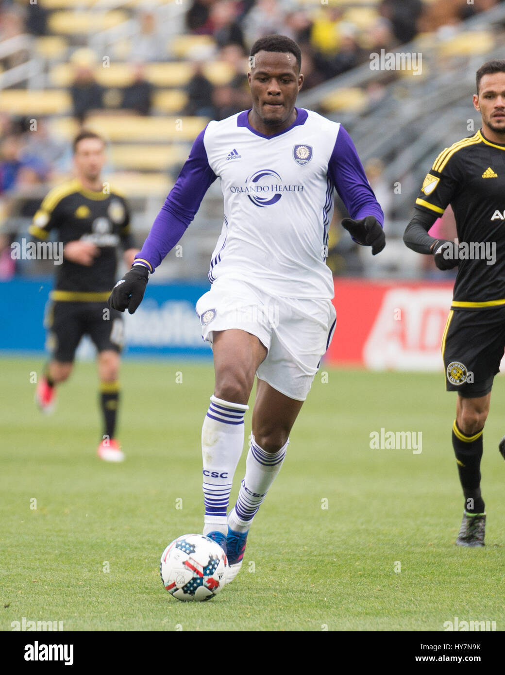 April 1, 2017: Orlando City SC forward Cyle Larin (9) handles the ball against Columbus in their match at Mapfre Stadium in Columbus, Ohio. Brent Clark/Alamy Stock Photo