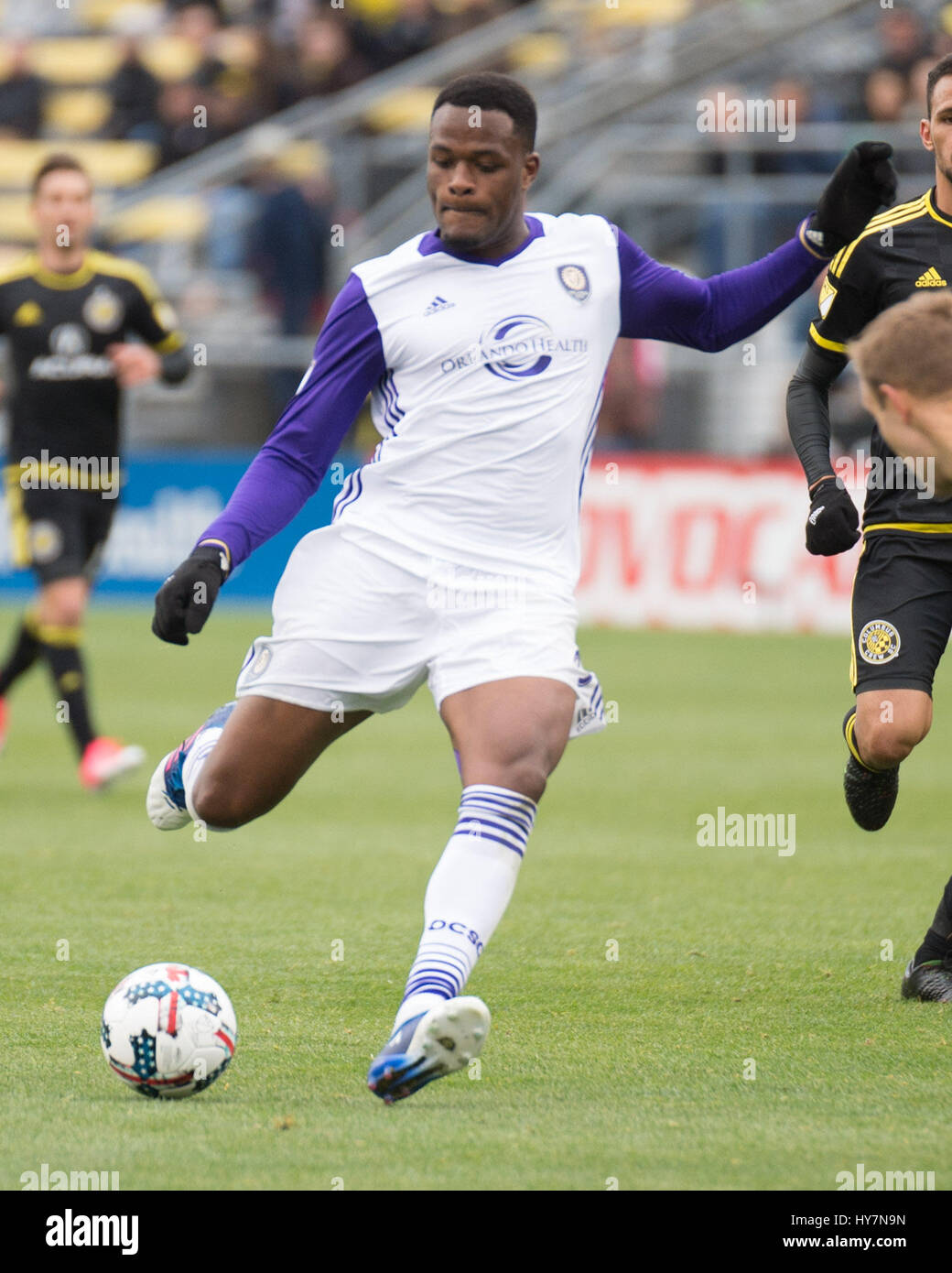April 1, 2017:Orlando City SC forward Cyle Larin (9) takes a shot on goal against Columbus Crew SC in their match at Mapfre Stadium in Columbus, Ohio. Brent Clark/Alamy Stock Photo