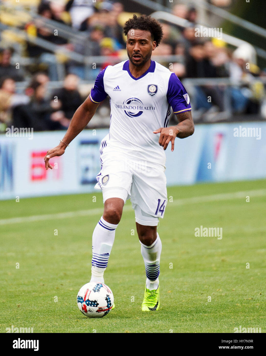 April 1, 2017: Orlando City SC forward Giles Barnes (14) dribbles the ball down the pitch against Columbus in their match at Mapfre Stadium in Columbus, Ohio. Brent Clark/Alamy Stock Photo