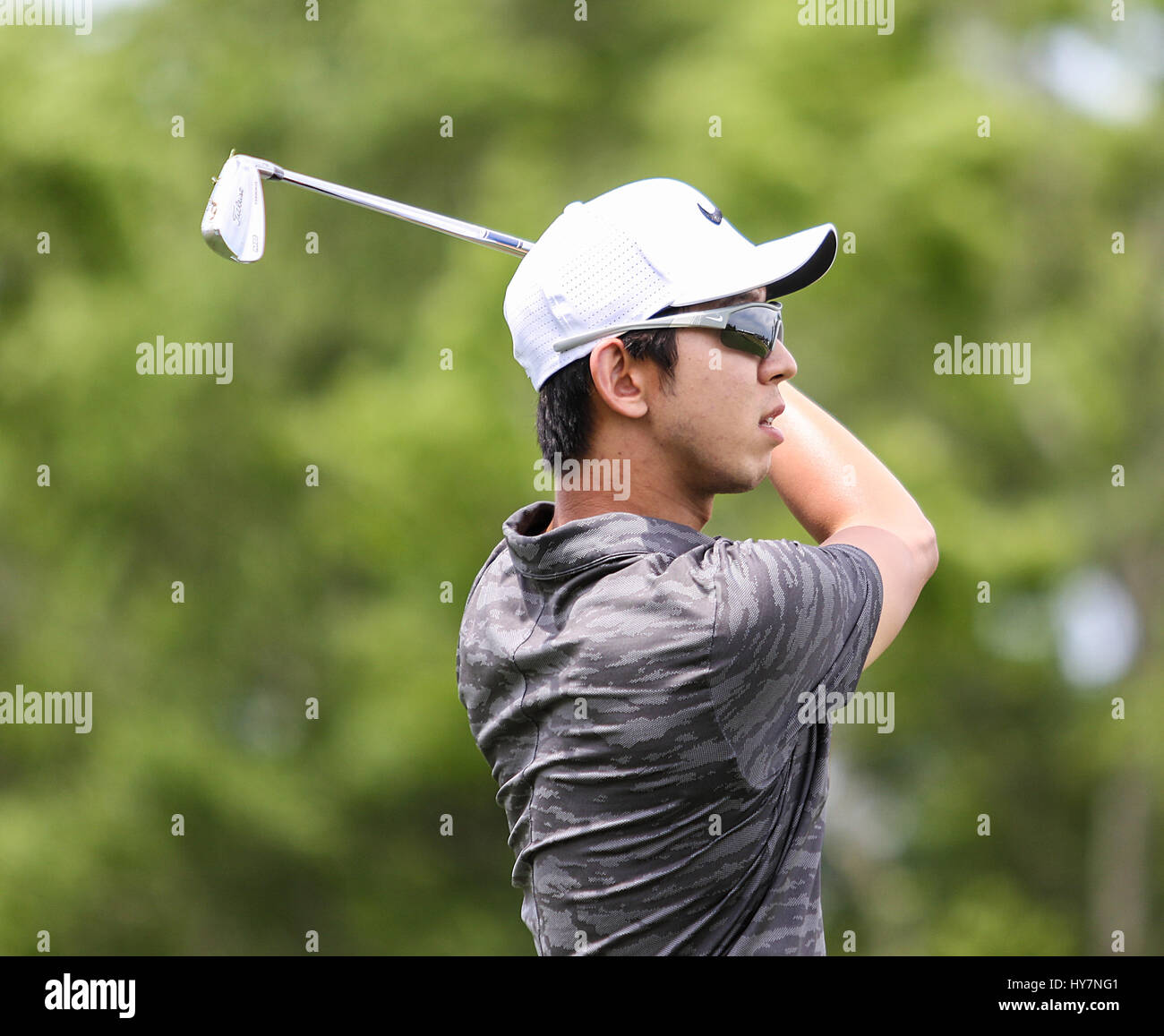 Humble, Texas, USA. 1st Apr, 2017. Seung-Yul Noh hits a shot during the third round of the Shell Houston Open at the Golf Club of Houston in Humble, Texas. John Glaser/CSM/Alamy Live News Stock Photo