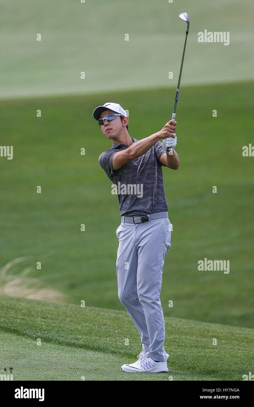Humble, Texas, USA. 1st Apr, 2017. Seung-Yul Noh hits a shot off the fairway during the third round of the Shell Houston Open at the Golf Club of Houston in Humble, Texas. John Glaser/CSM/Alamy Live News Stock Photo