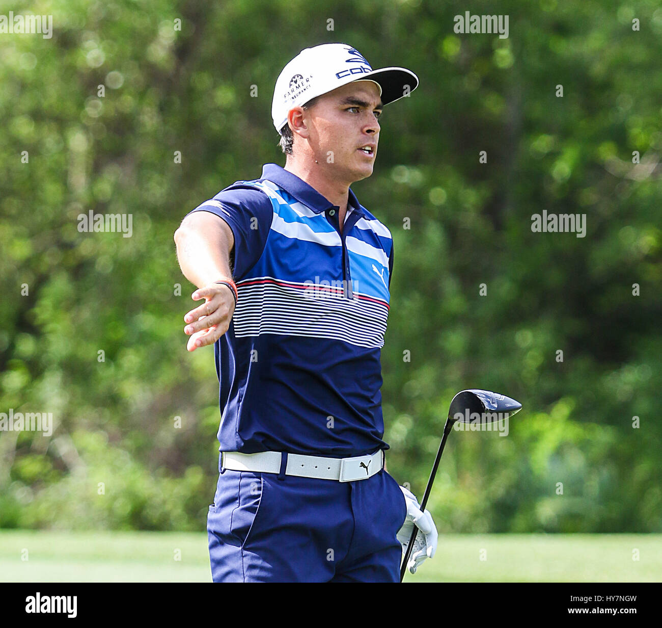 Humble, Texas, USA. 1st Apr, 2017. Rickie Fowler shows his frustration