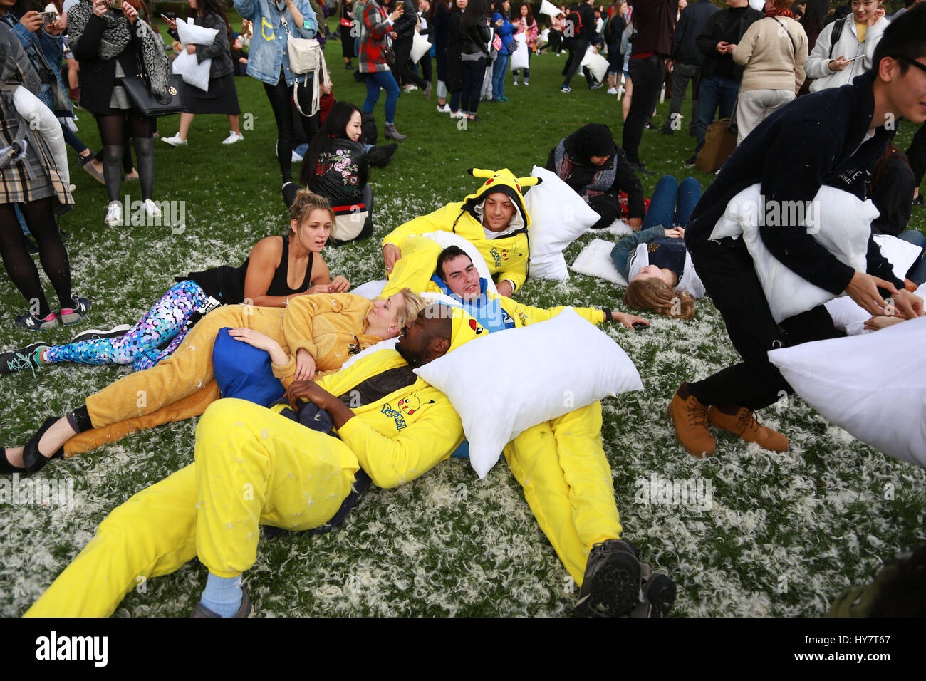 London, UK. 01st Apr, 2017. People take a rest after pillow-fighting on World Pillow Fight Day, in Kennington Park, London, UK, on April 1, 2017. Credit: Paul Marriott/Alamy Live News Stock Photo