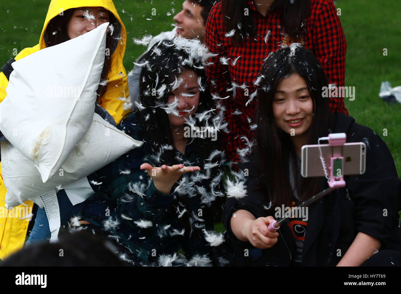 London, UK. 01st Apr, 2017. People taking a selfie after pillow-fighting on World Pillow Fight Day, in Kennington Park, London, UK, on April 1, 2017. Credit: Paul Marriott/Alamy Live News Stock Photo
