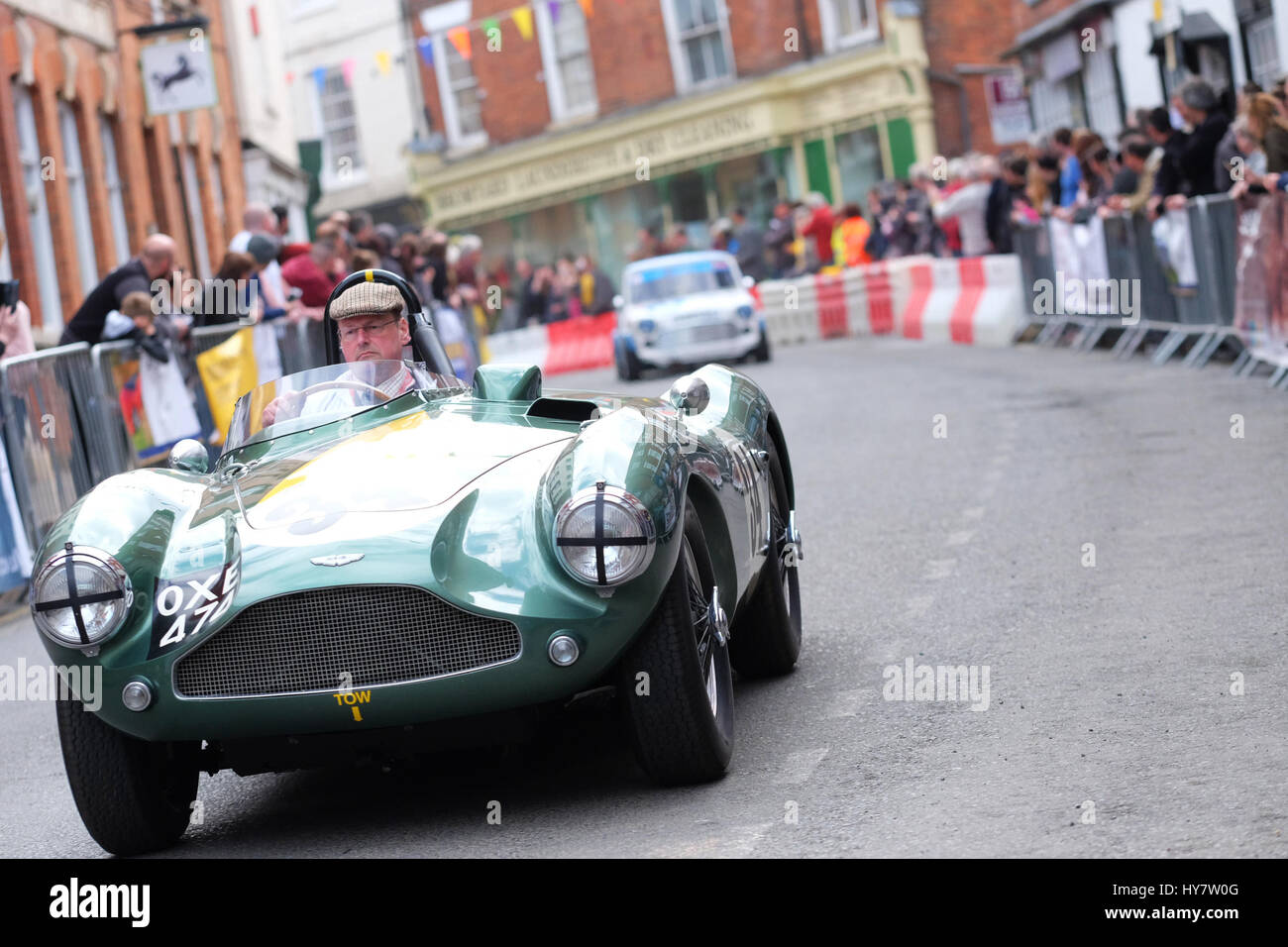 Bromyard Speed Festival, Herefordshire, UK - Sunday 2nd April 2017 - Vintage and classic cars roar through the town centre of Bromyard as fans watch the 2nd Bromyard Speed Festival. The photo shows a vintage Aston Martin DB3S car. Photo Steven May / Alamy Live News Stock Photo