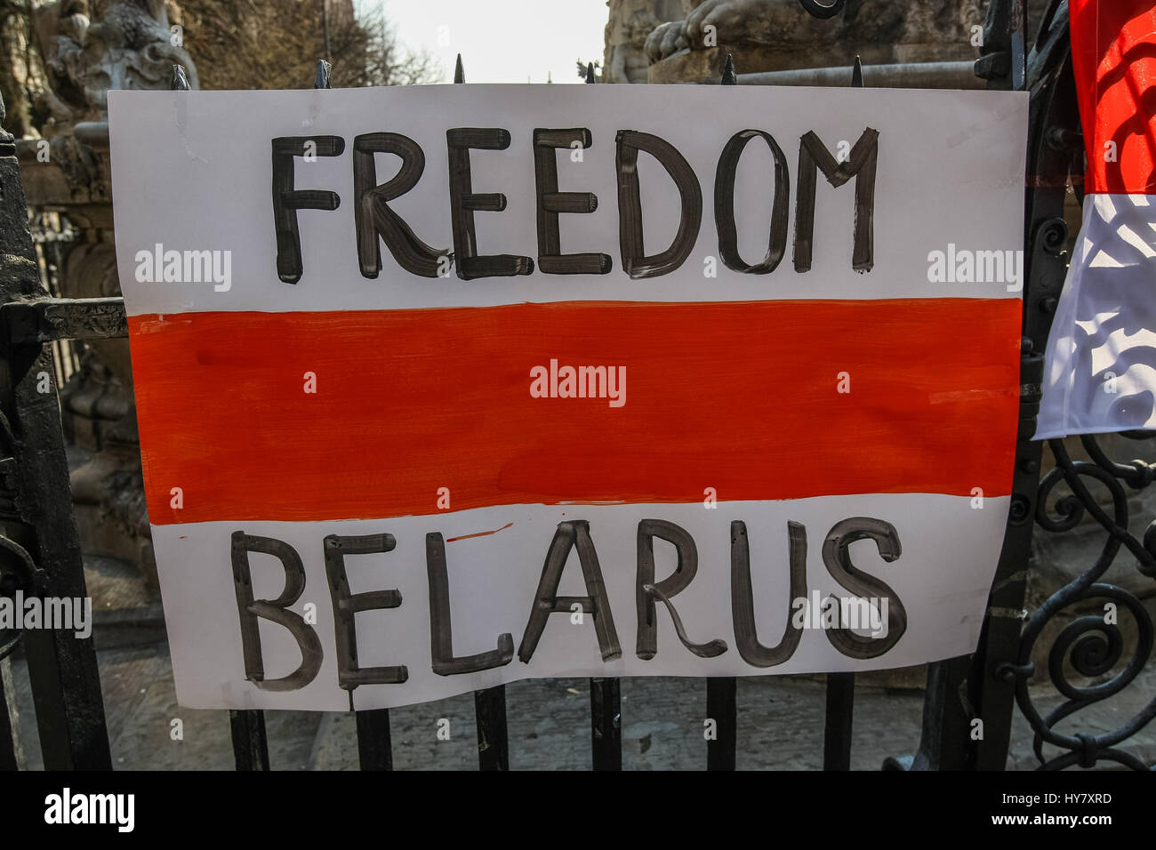 Gdansk, Poland. 02nd Apr, 2017. Freedom for Belarus slogan painted on hitorical Belarussian flag is seen  Gdansk, Poland on 2 April 2017  . Belarussian opposition activists and students living in Poland organized demonstartion to support protesters in Belarus, against President Alexander Lukashenko new tax levied against the unemployed in Belarus. Demonstrations and marches have been held in sites throughout the Belarus with sizes of several hundred to several thousand gathering at a given time. Credit: Michal Fludra/Alamy Live News Stock Photo