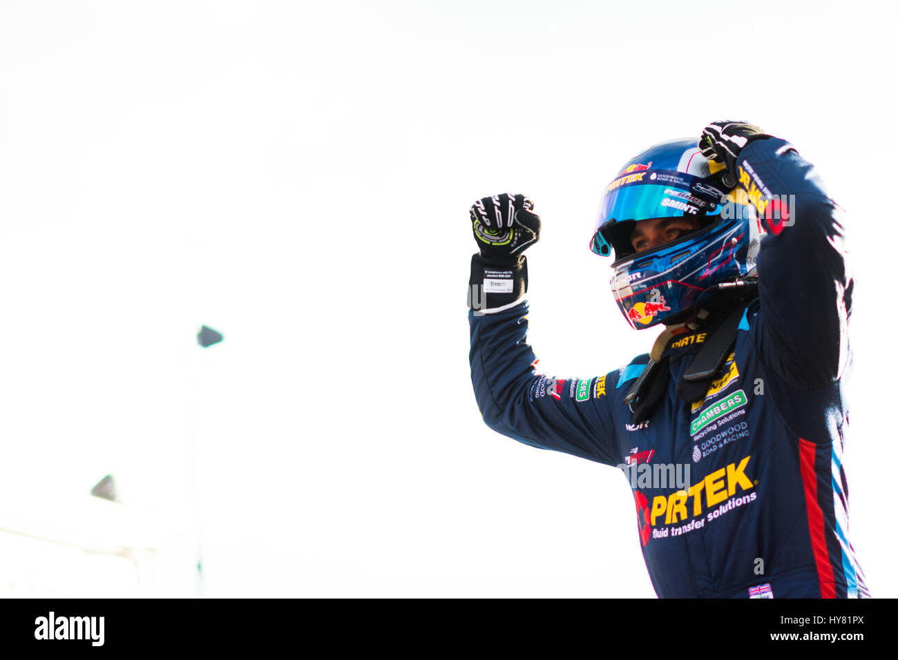 Fawkham, Longfield, UK. 2nd April, 2017. BTCC racing driver Andrew Jordan and BMW Pirtek Racing celebrates winning Round 3 of the Dunlop MSA British Touring Car Championship at Brands Hatch Indy Circuit (Photo by Gergo Toth / Alamy Live News) Stock Photo
