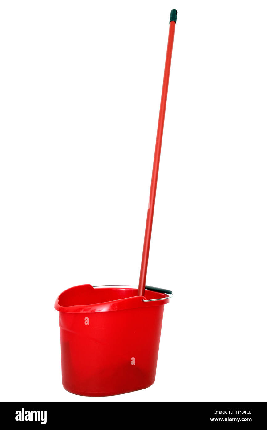 Red plastic bucket and mop, isolated on white. Domestic equipment. Stock Photo