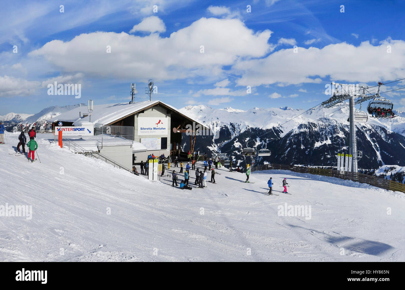 Valisera road, ski runway, Gaschurn, Silvretta-Montafon, Vorarlberg, Austria, Valisera Bahn, Skipiste, Oesterreich Stock Photo