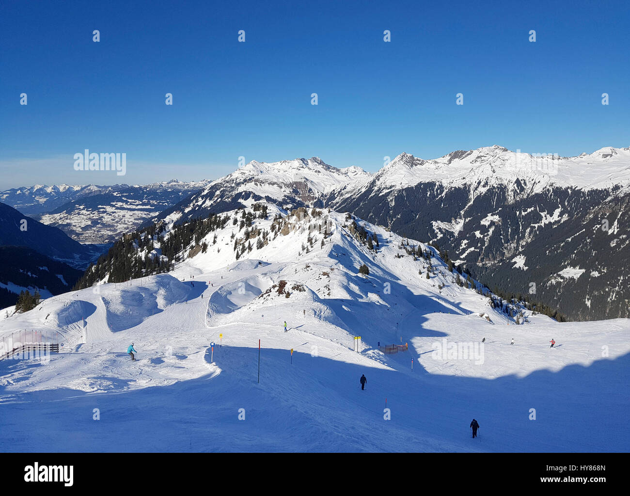 Snow, ski runway, Gaschurn, Silvretta-Montafon, Vorarlberg, Austria, Schnee, Skipiste, Oesterreich Stock Photo