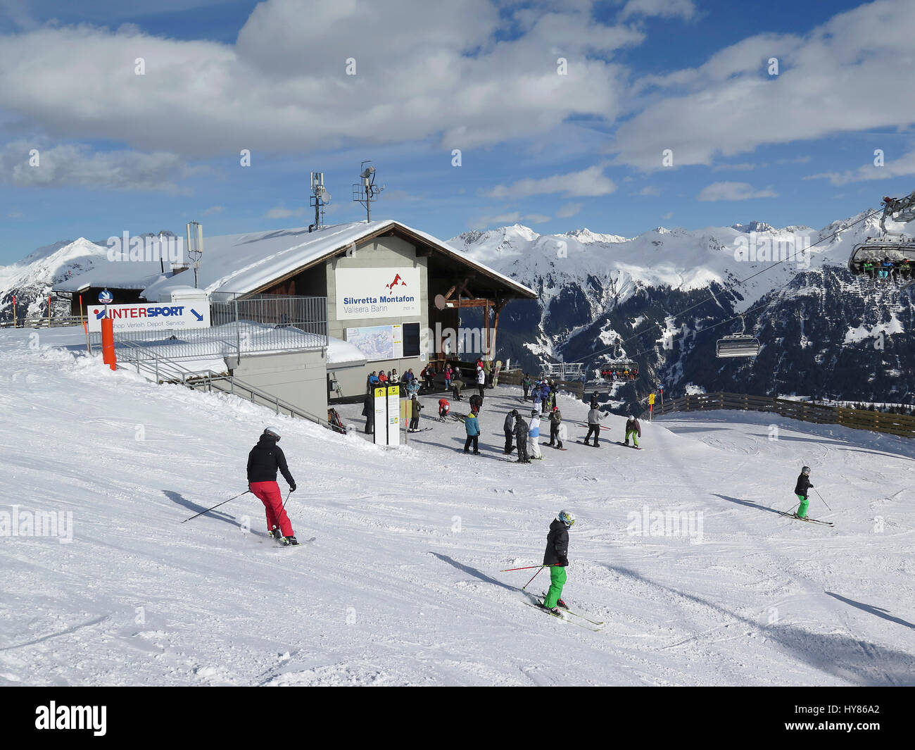 Valisera road, ski runway, Gaschurn, Silvretta-Montafon, Vorarlberg, Austria, Valisera Bahn, Skipiste, Oesterreich Stock Photo