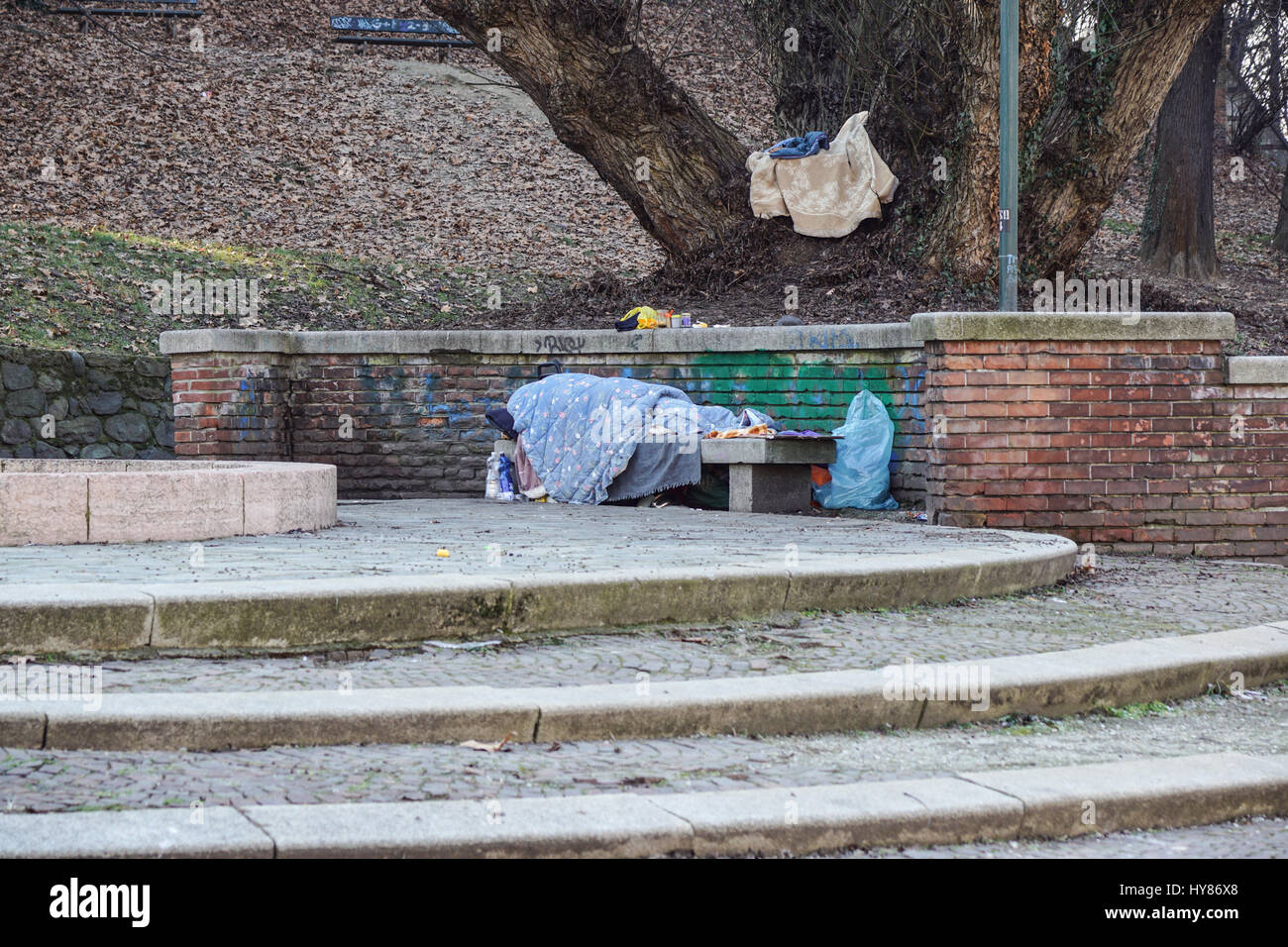 Homeless man sleeping peacefully on wooden bench Stock Photo - Alamy