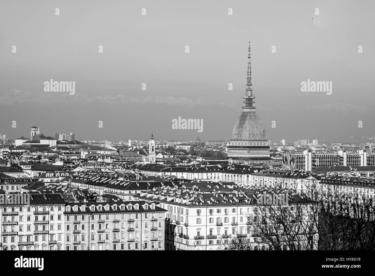 City of Turin Torino skyline panorama seen from the hill - high dynamic range HDR - black and white Stock Photo