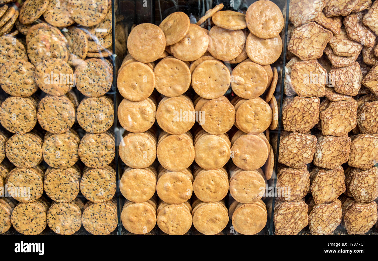 Senbei rice crackers at shop, Tokyo, Japan. Stock Photo