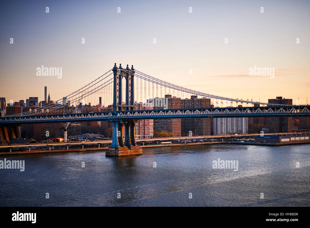 View of Manhattan bridge from the walkway on the Brooklyn bridge Stock Photo