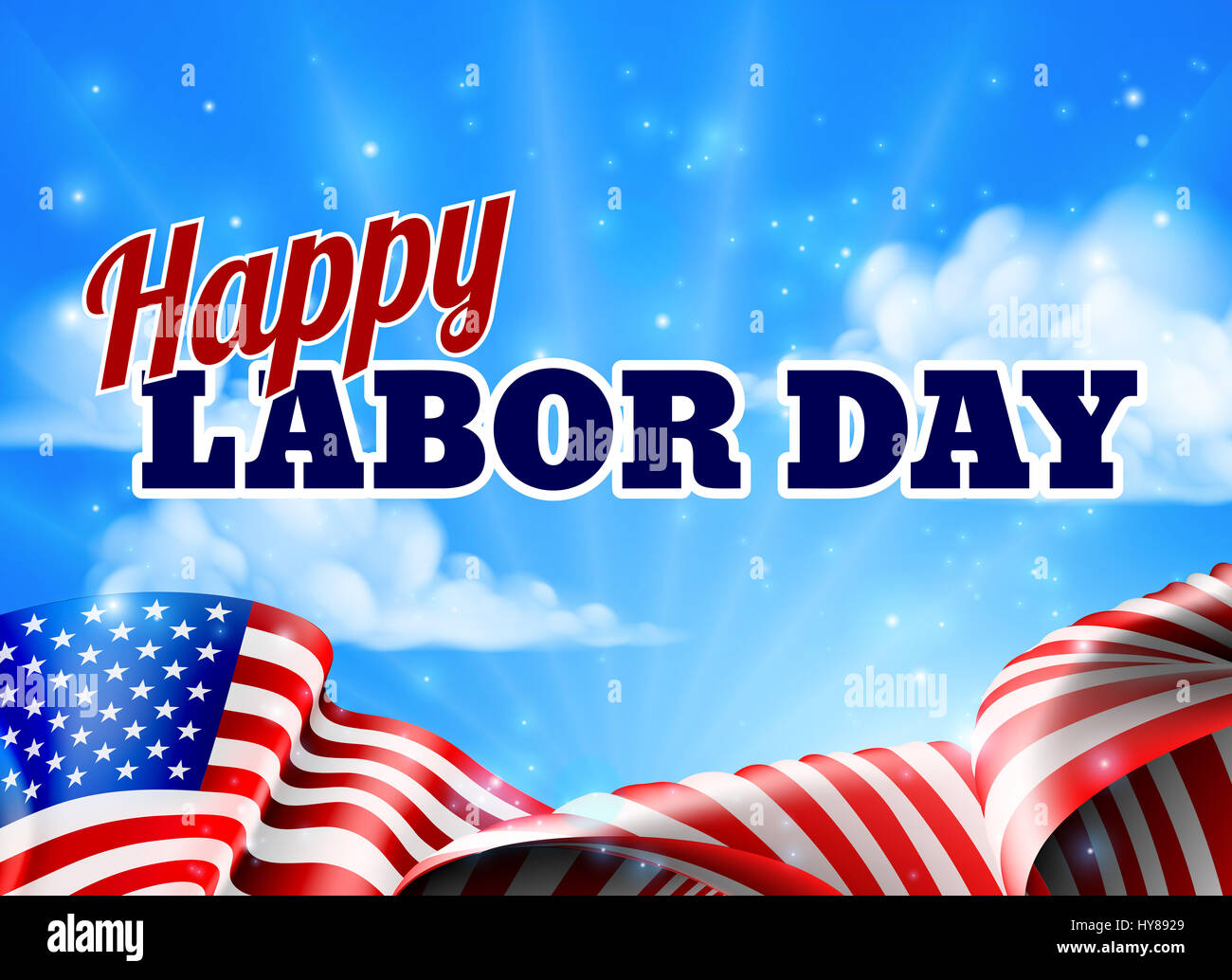 A Happy Labor Day design with an American flag banner and sky in the background Stock Photo