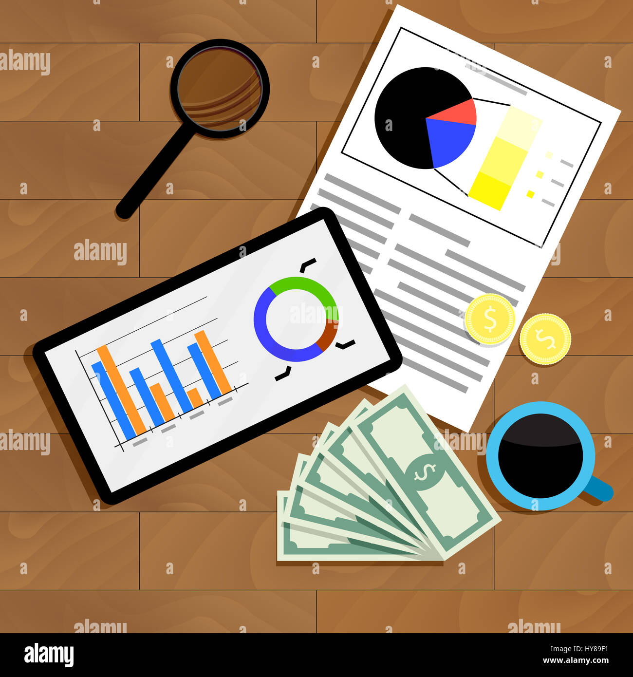 Financial statistics top view. Diagram data financial, table wood and ...