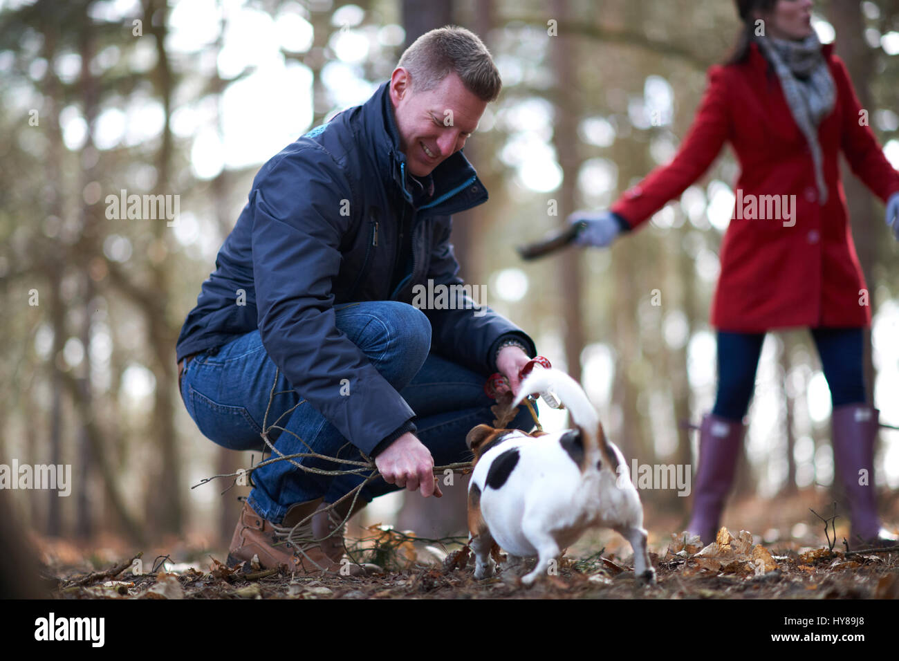 A young couple walk their dogs in the woods Stock Photo - Alamy