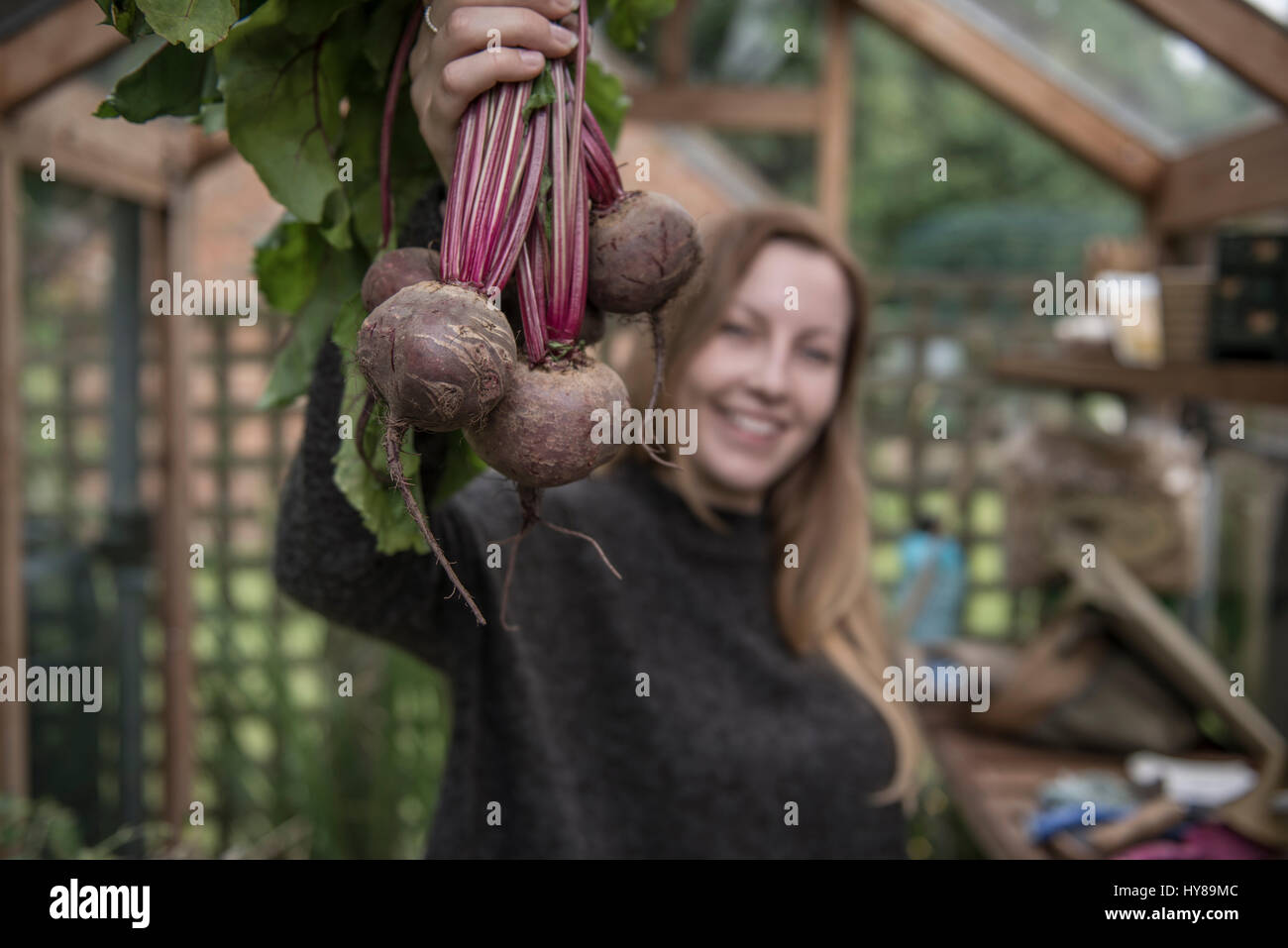 A young female gardener works in her greenhouse Stock Photo - Alamy