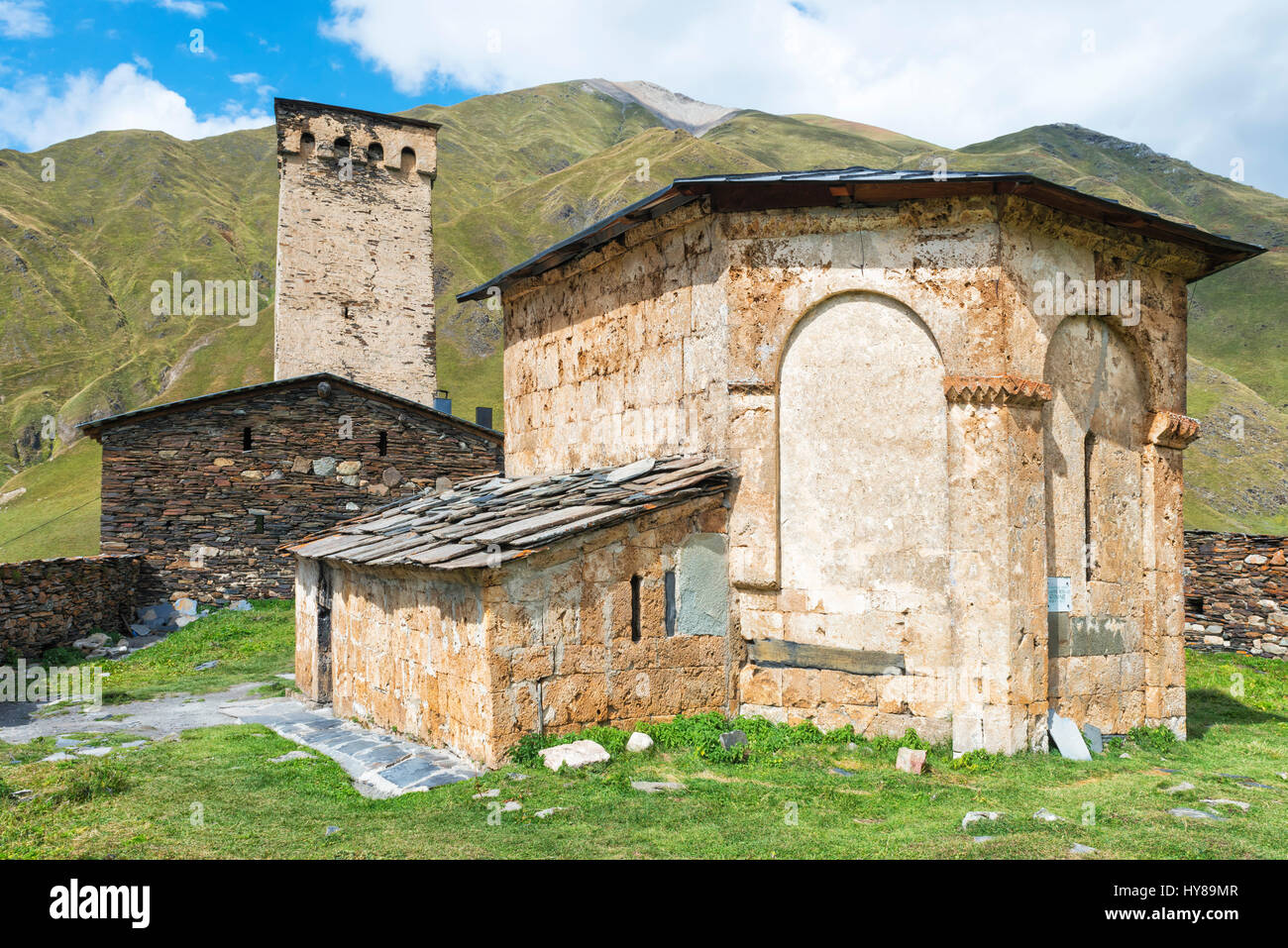 Lamaria church, Ushguli village, Svaneti region, Caucasus, Georgia Stock Photo