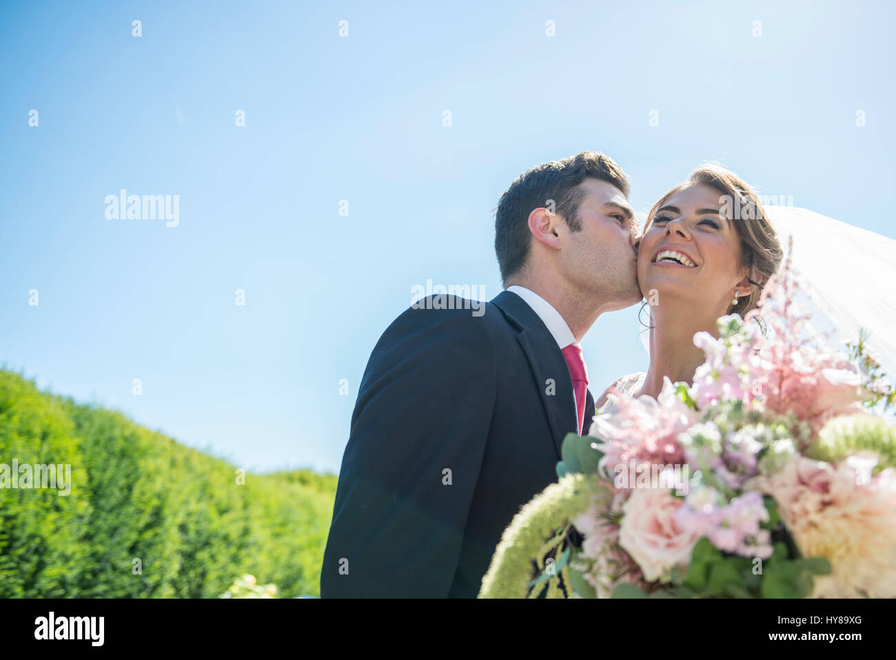 A bride and groom kiss on their wedding day Stock Photo - Alamy