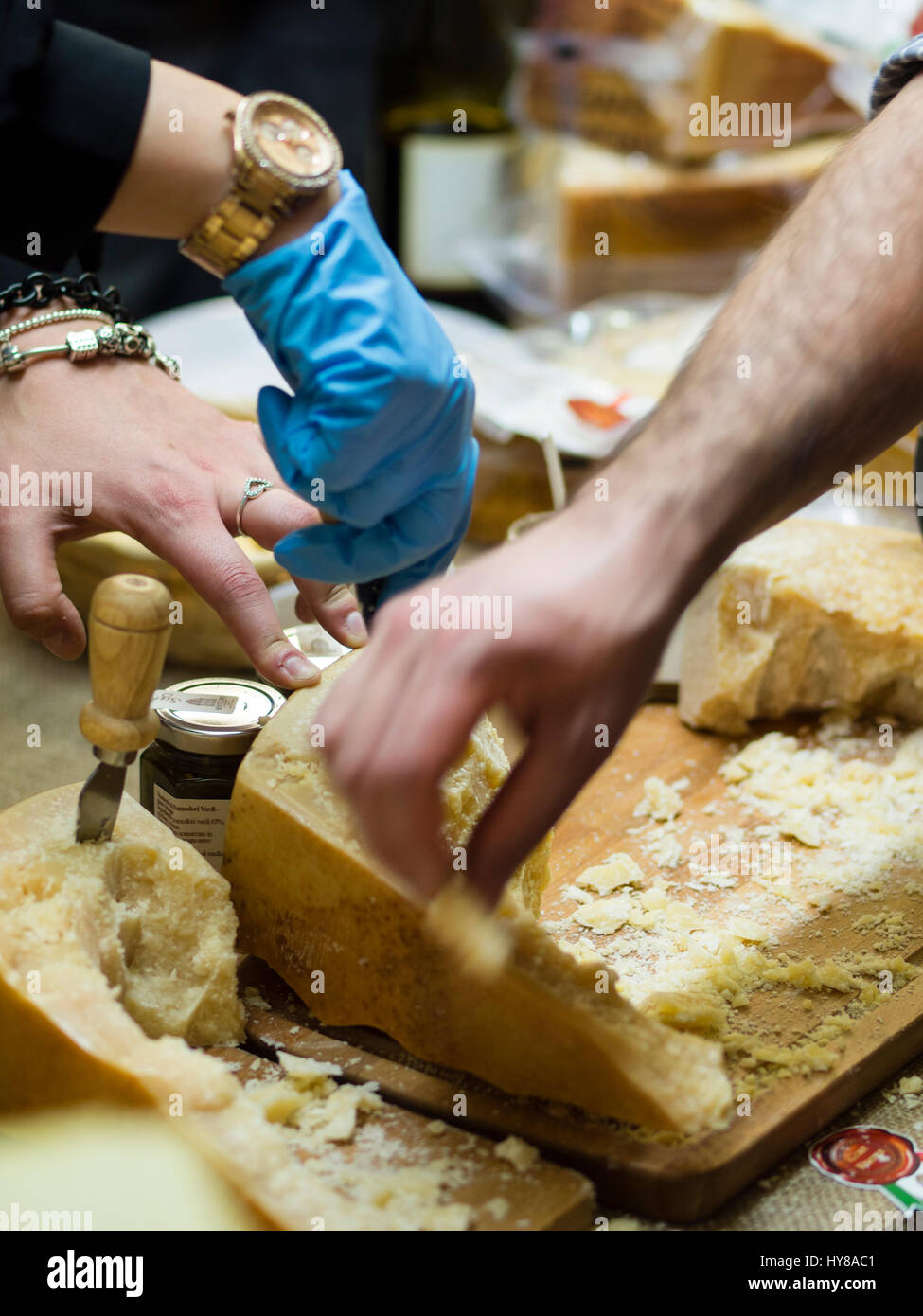 tasting and sampling types of parmesan cheese at King of Salumi food