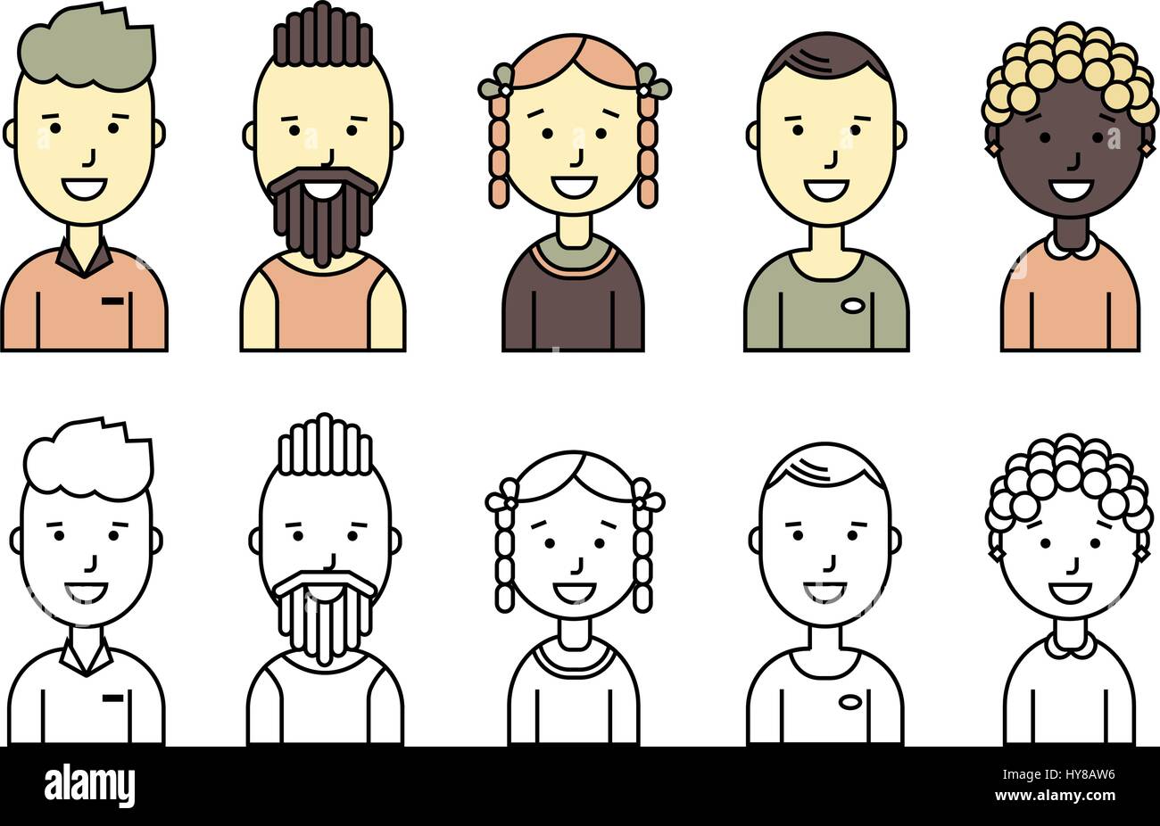 Male and female smiling faces avatars. Flat color and outline style ...