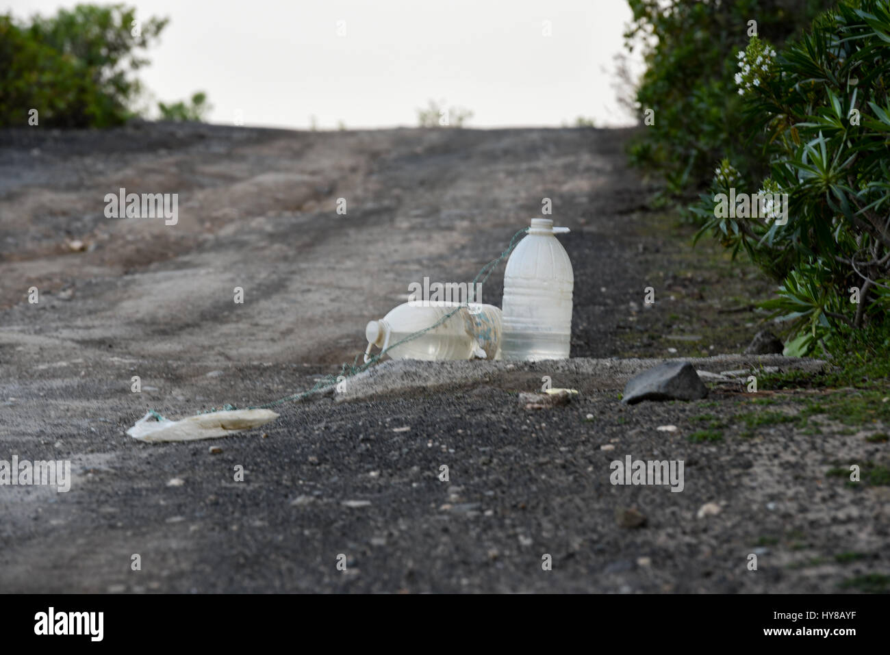 Plastic bottles with a water on a mountain road Stock Photo
