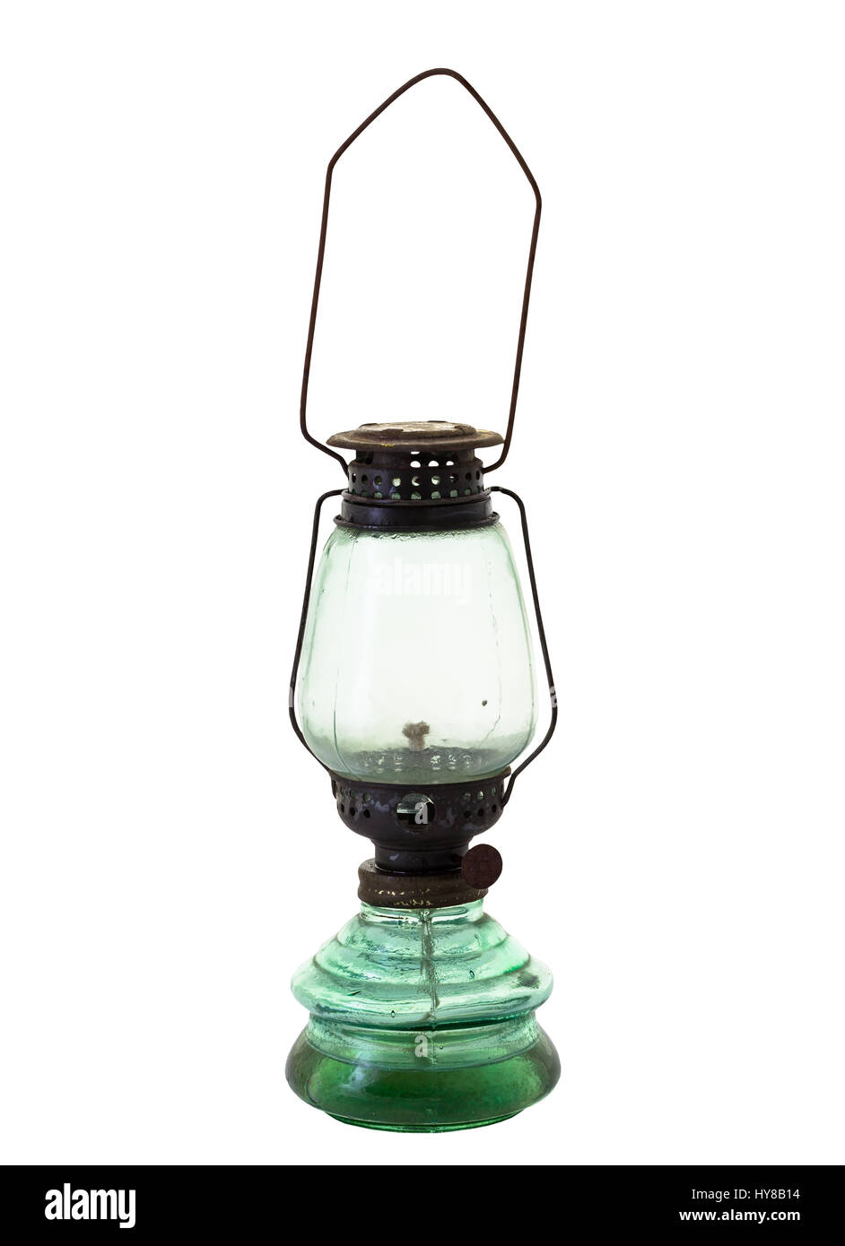 Oil lamp wick lantern made of glass and metal isolated on white