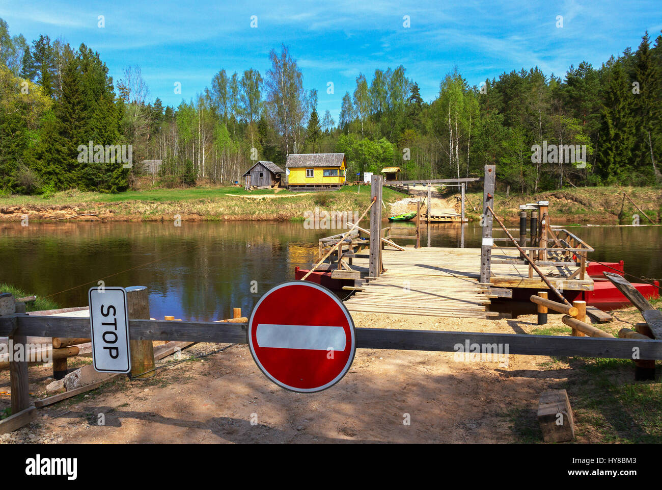 Crossing the river of Gauja in Ligatne national park, Latvia Stock