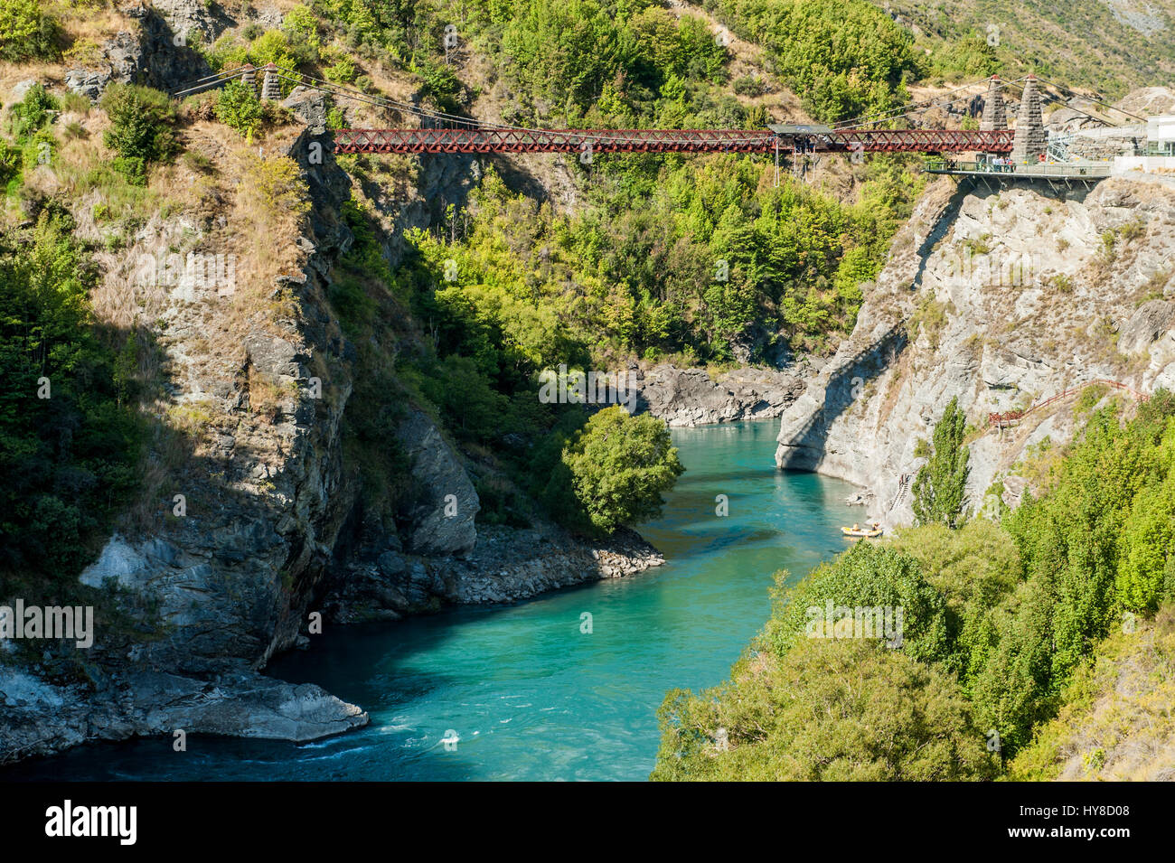 Kawarau Bridge near Queenstown. Commercial Bungy Jumping was born here in 1988 and every year tens of thousands make the 43 meter jump. Stock Photo