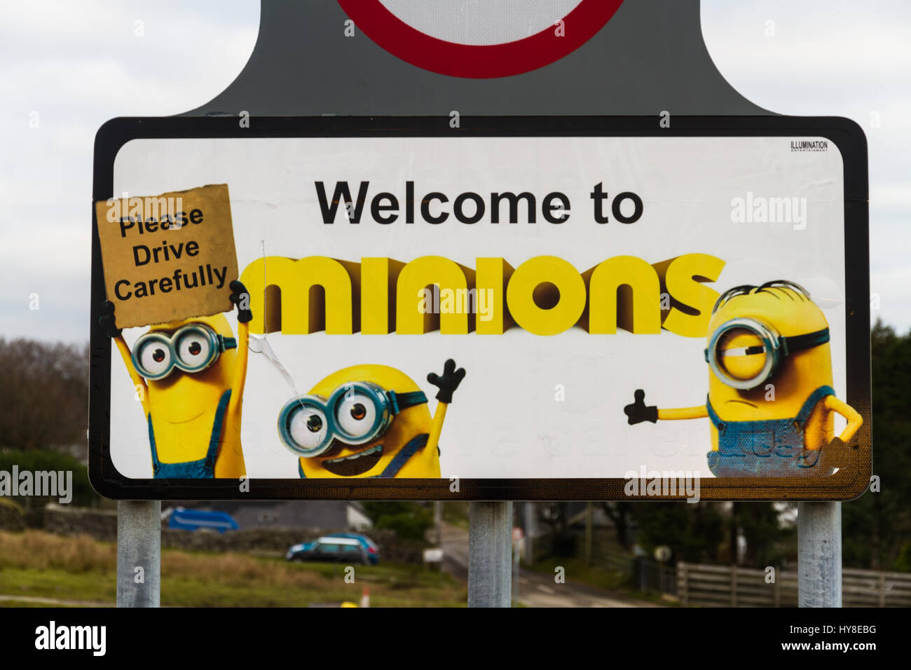 MINIONS – DECEMBER 2: Sign for village of Minions, showing characters from movie. Bodmin Moor, Cornwall, United Kingdom on December 2, 2016 in Minions Stock Photo