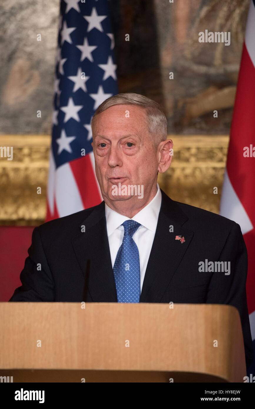 U.S. Secretary of Defense Jim Mattis during a joint press conference with British Defence Minister Sir Michael Fallon  at Lancaster House March 31, 2017 in London, United Kingdom. Stock Photo