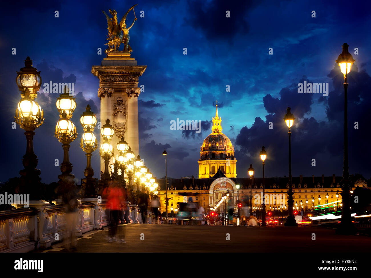 Pont Alexandre III and Les Invalides in Paris in the evening, France Stock Photo