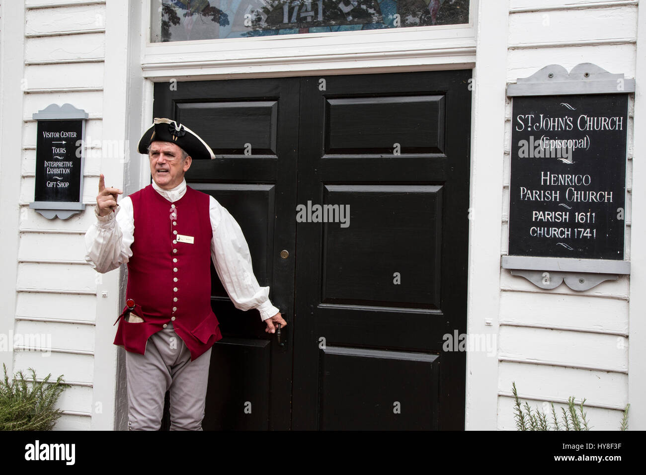 Richmond, Living History Tour Guide at the Door of St. John's Episcopal Church, site of Patrick Henry's Give Me Liberty or Give me Death Speech. Stock Photo
