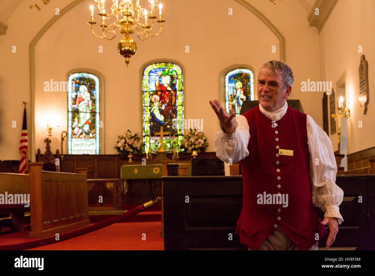 Richmond, Virginia.  Living History Tour Guide at St. John's Episcopal Church, site of Patrick Henry's Give Me Liberty or Give me Death Speech. Stock Photo