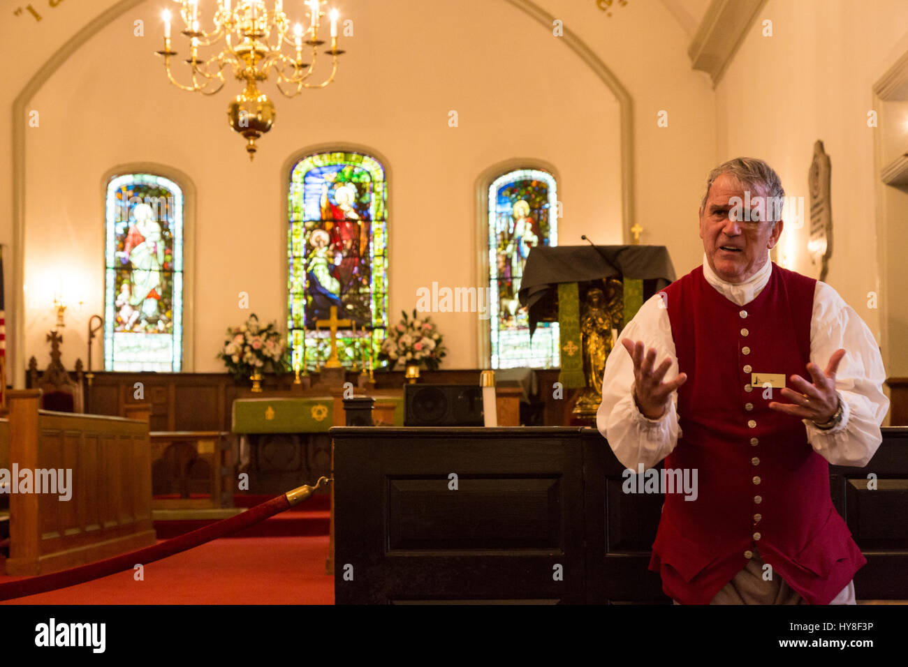 Richmond, Virginia.  Living History Tour Guide at St. John's Episcopal Church, site of Patrick Henry's Give Me Liberty or Give me Death Speech. Stock Photo