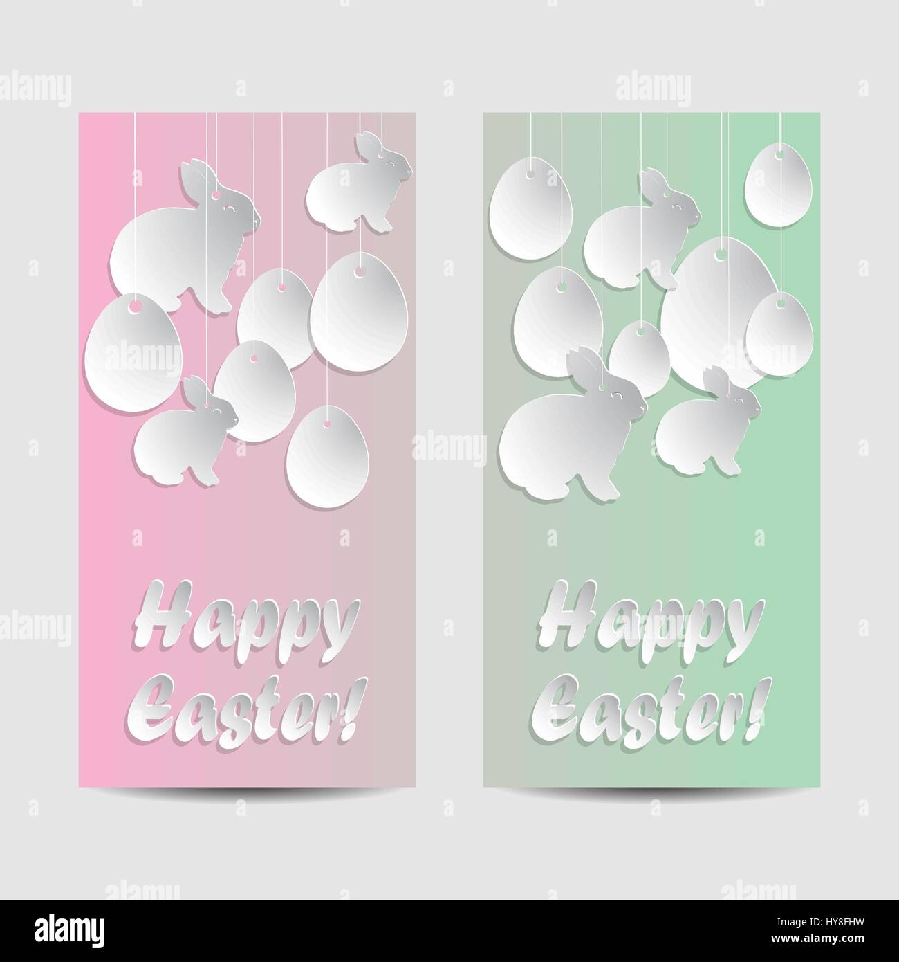 Happy Easter greeting banners. Paper rabbits and eggs with drop shadows hanging on strings. Green and pink pastel background. Vector illustration. Stock Vector