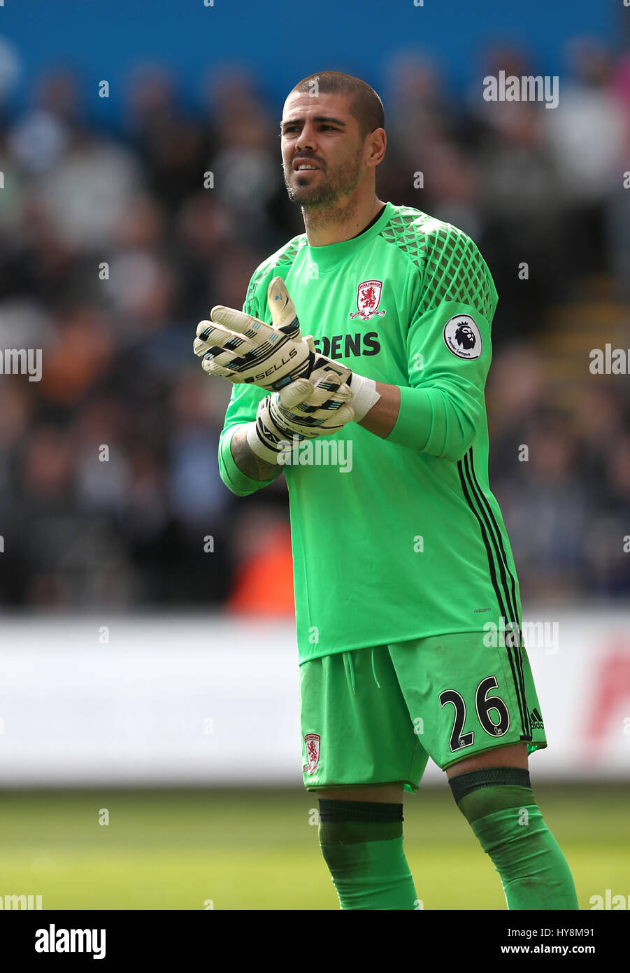 Middlesbrough goalkeeper Victor Valdes during the Premier League match at the Liberty Stadium, Swansea. PRESS ASSOCIATION Photo. Picture date: Sunday April 2, 2017. See PA story SOCCER Swansea. Photo credit should read: David Davies/PA Wire. RESTRICTIONS: EDITORIAL USE ONLY No use with unauthorised audio, video, data, fixture lists, club/league logos or 'live' services. Online in-match use limited to 75 images, no video emulation. No use in betting, games or single club/league/player publications. Stock Photo