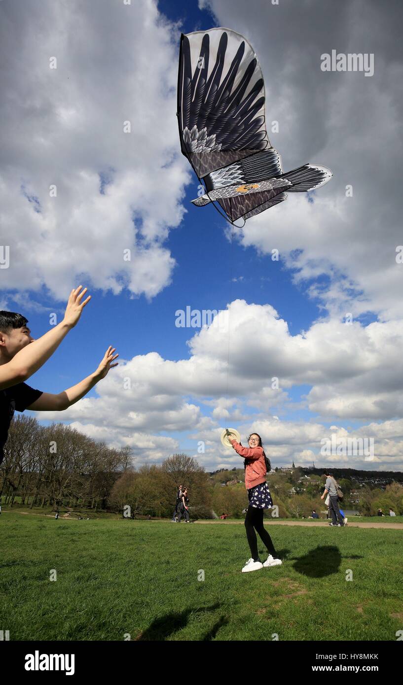 A couple fly a kite in the sunshine on Hampstead Heath, London Stock