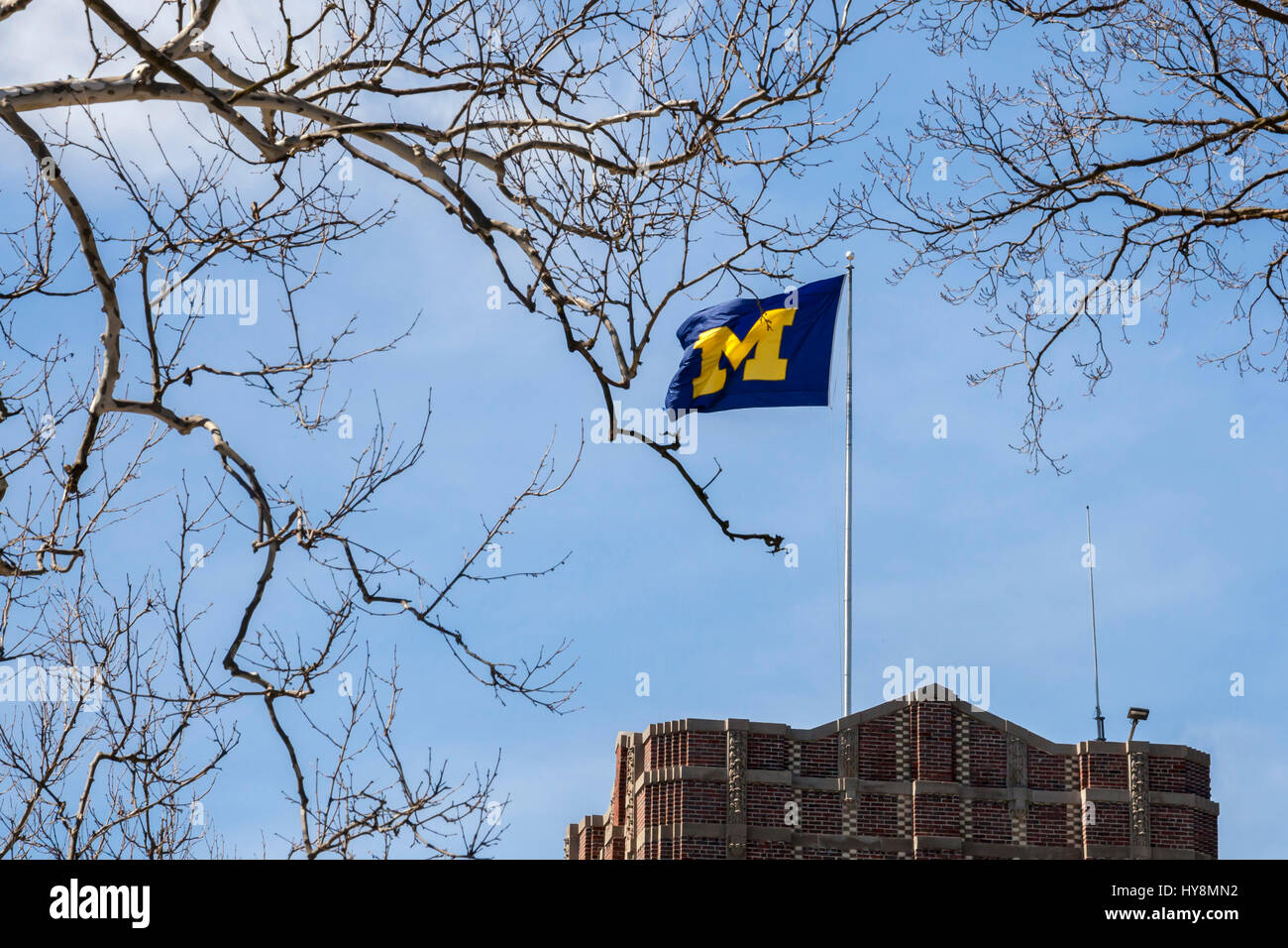 Ann Arbor, Michigan - A University of Michigan flag flies over Michigan Union, the university's student union. Stock Photo