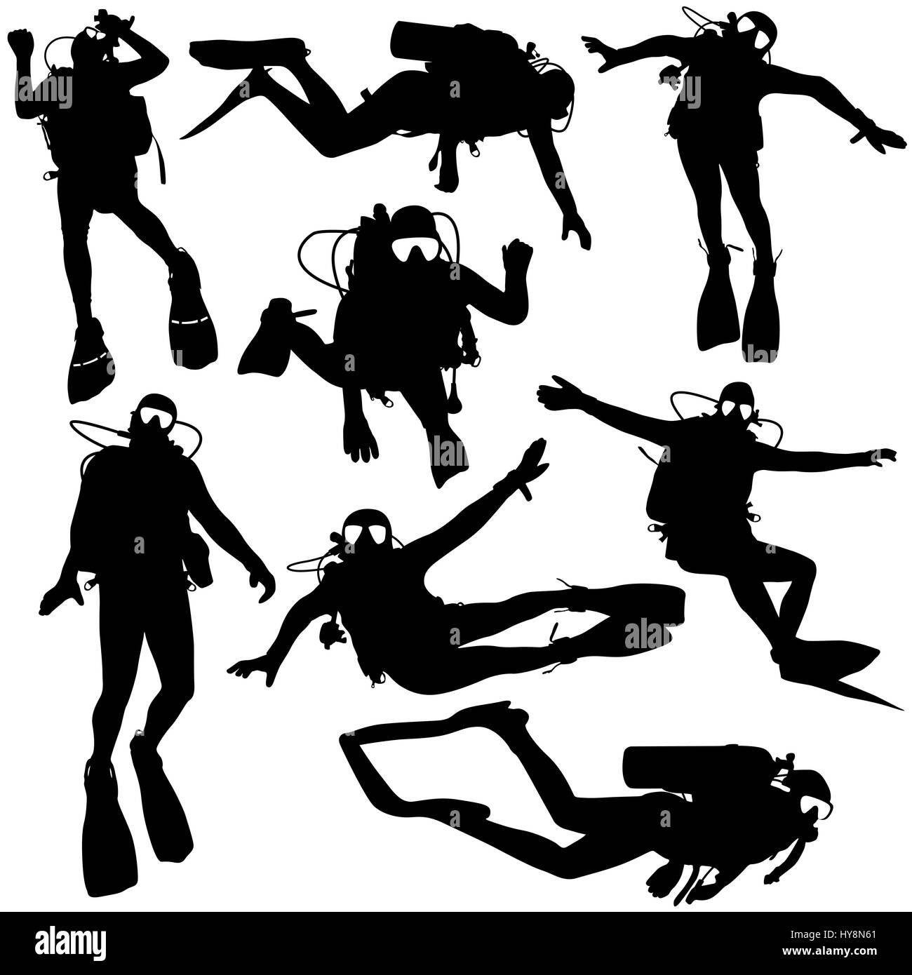 Set black silhouette scuba divers. illustration. Stock Photo