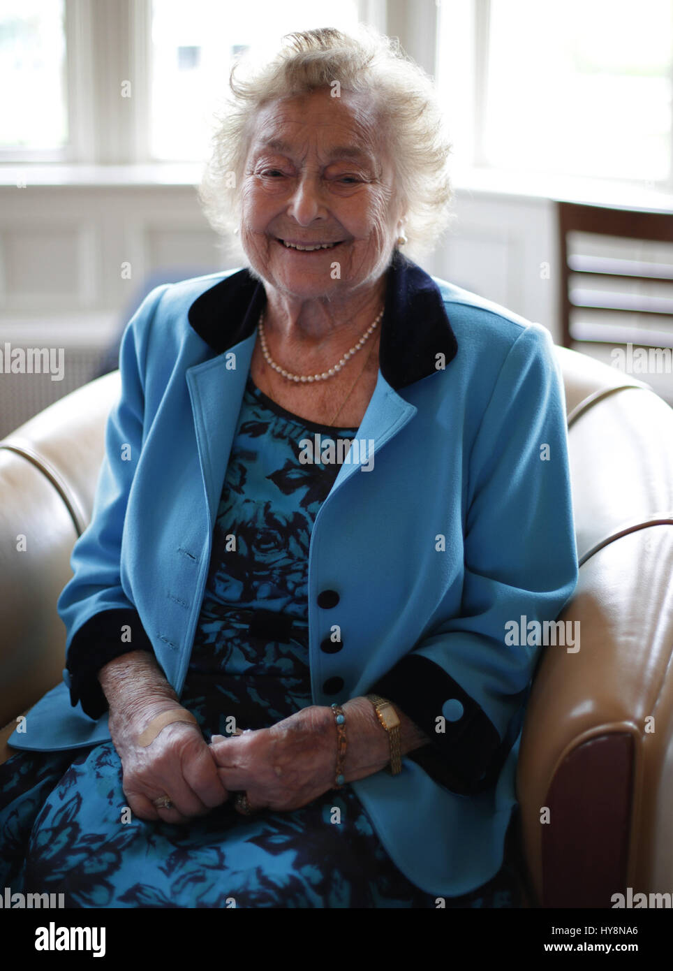 Bletchley Park veteran Joan Joslin during the media launch for the Off Duty: High Spirits in Low Times exhibition at Bletchley Park in Milton Keynes. Stock Photo