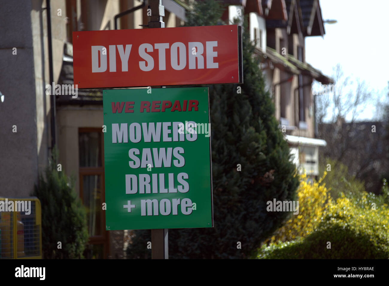 tool hire peat logs coal hardware  DIY sign Stock Photo