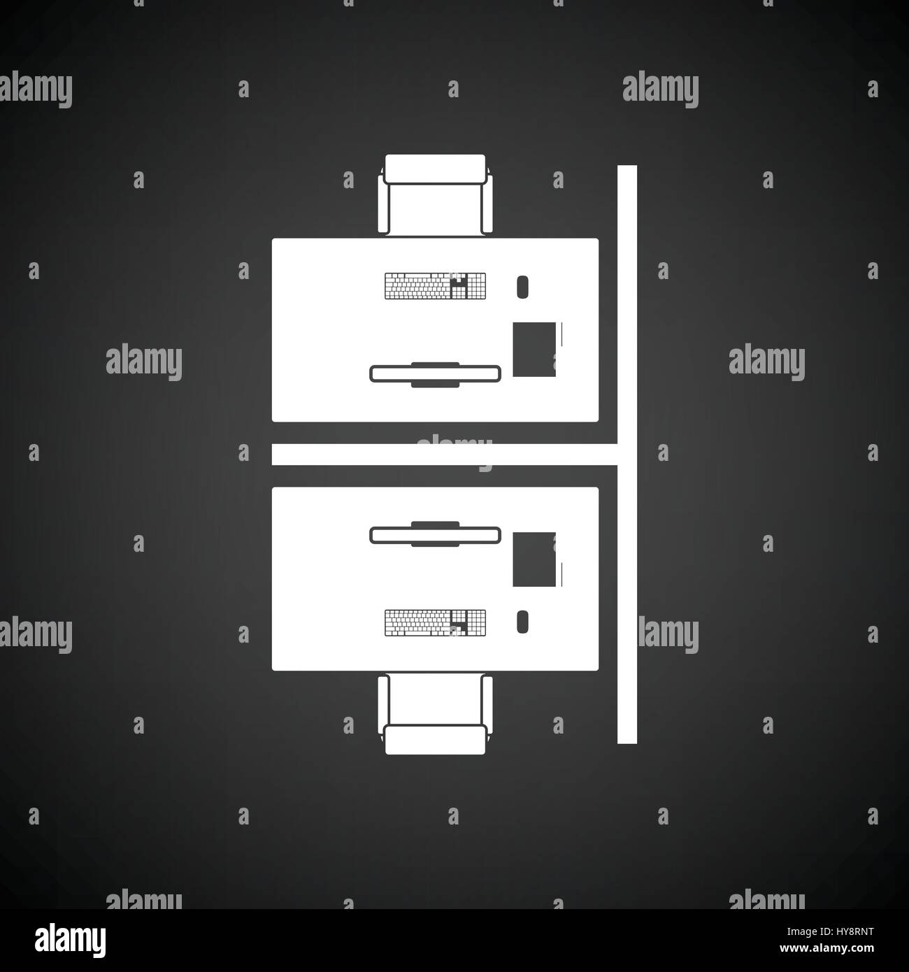 Office table top view icon. Black background with white. Vector