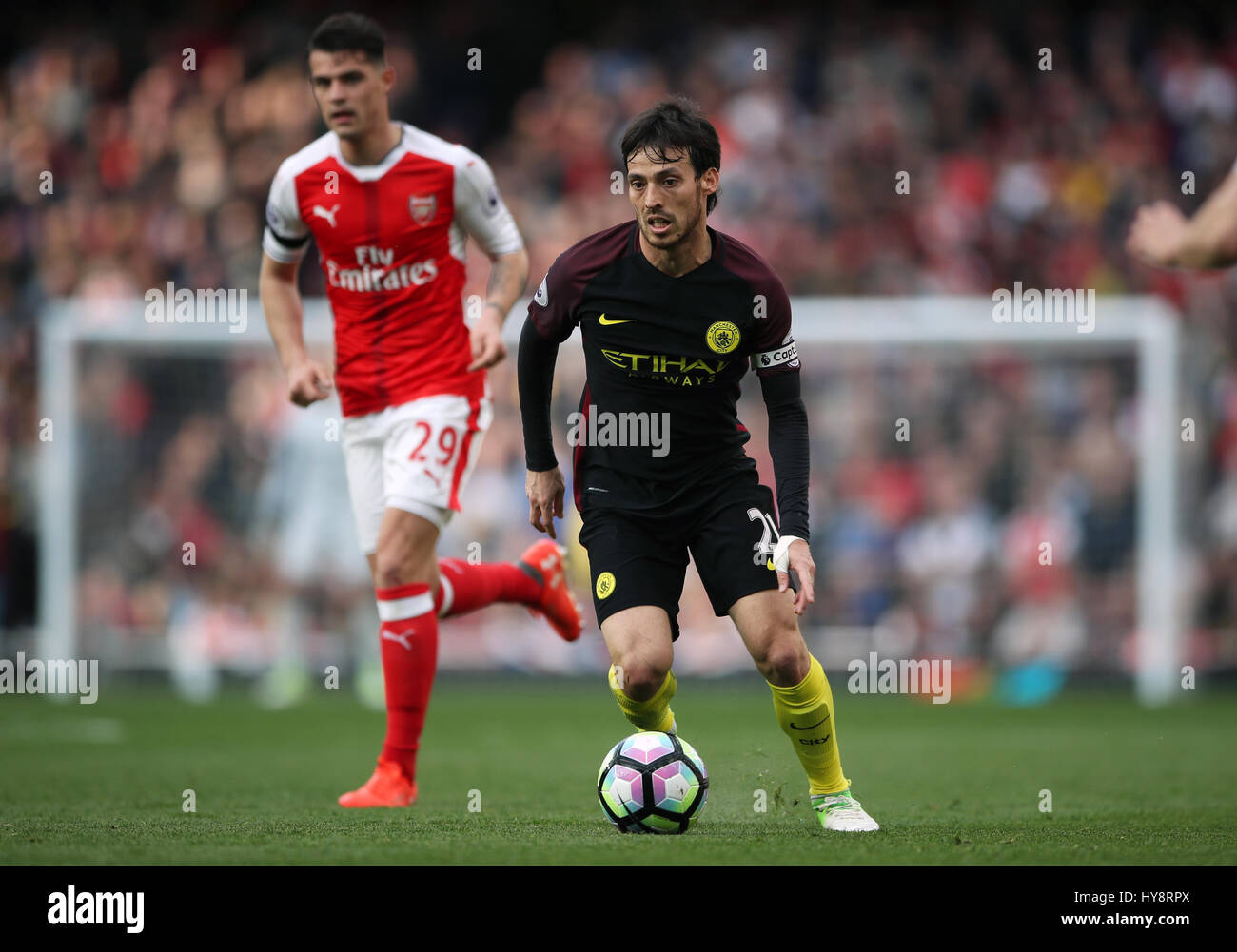 Manchester City's David Silva during the Premier League match at the Emirates Stadium, London. PRESS ASSOCIATION Photo. Picture date: Sunday April 2, 2017. See PA story SOCCER Arsenal. Photo credit should read: Nick Potts/PA Wire. RESTRICTIONS: No use with unauthorised audio, video, data, fixture lists, club/league logos or 'live' services. Online in-match use limited to 75 images, no video emulation. No use in betting, games or single club/league/player publications. Stock Photo