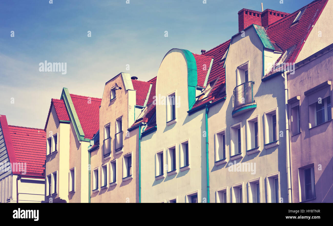 Vintage toned old tenement house facade in Szczecin (Stettin) city downtown, Poland. Stock Photo