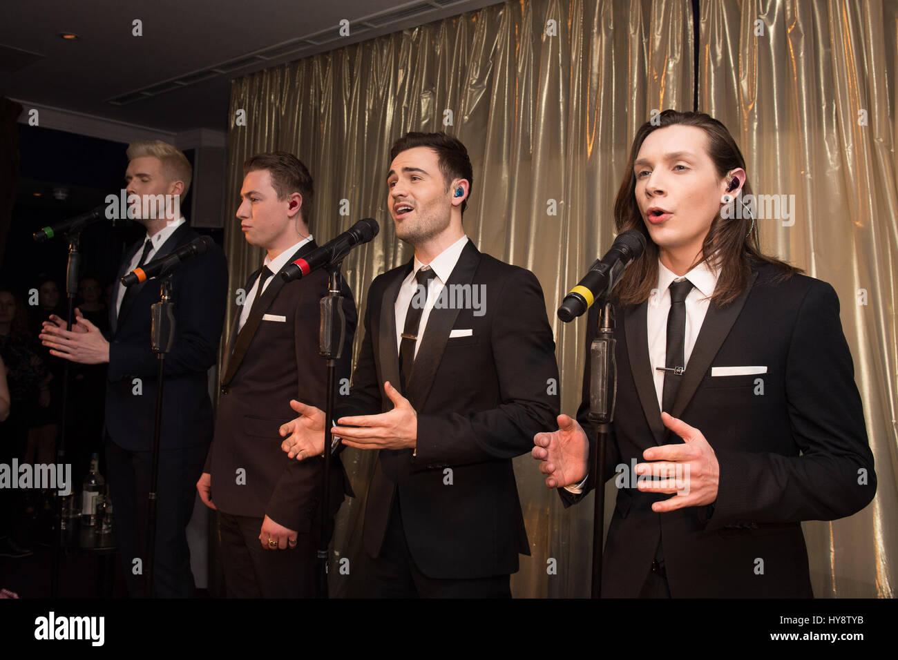 Celebs attend a party for the much anticipated launch of the new album by Collabro - Home at the Soho Sanctum Hotel, London  Featuring: Collabro, Jamie Lambert, Matt Pagan, Michael Auger, Thomas Redgrave Where: London, United Kingdom When: 02 Mar 2017 Stock Photo